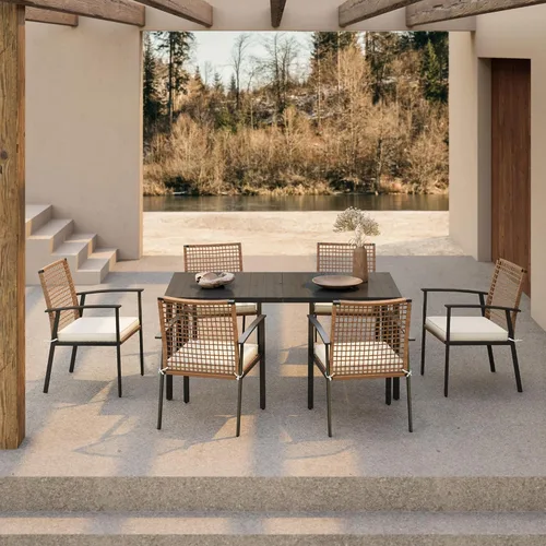 LAUSAINT HOME Juego de comedor de patio de 7 piezas, juego de muebles de exterior de 6 sillas con cojín suave y mesa con tablero de listones de