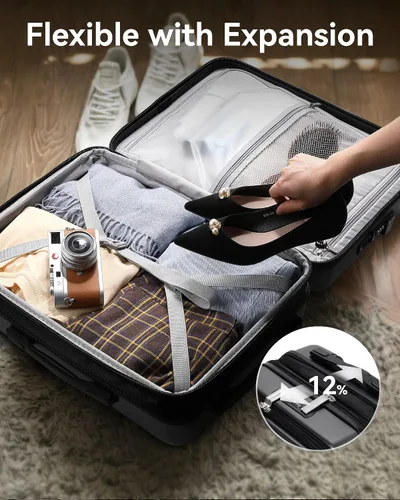 Miniatura 5 de LUGGEX Maleta de mano con bolsillo frontal, maleta rígida de policarbonato expandible con puerto USB, Negro -, Maleta de mano