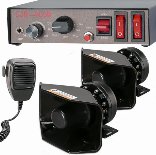 Sistema PA de sirena de emergencia de advertencia policial de 12 V, 400 W, 9 tonos, [altavoz de diseño de 180°] [125-135 dB] [micrófono de mano] [2