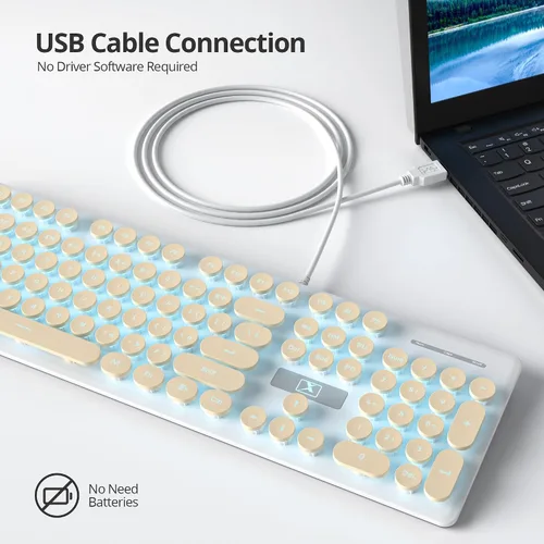 Miniatura 2 de Teclado de máquina de escribir retro con cable, teclado silencioso de computadora iluminado con 104 teclas redondas de tamaño completo, Azul