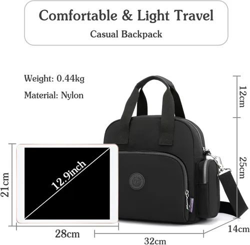 Miniatura 3 de PORRASSO Mochila para mujer, bolso de hombro multifuncional con puerto de carga USB, bolso cruzado de nailon para trabajo, viajes, citas, negro