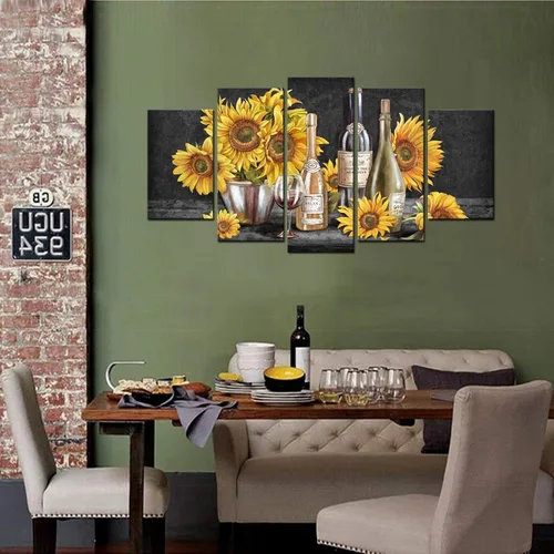 Miniatura 3 de Biuteawal Arte de pared grande de 5 paneles para cocina, pintura de girasol negro, blanco y amarillo, imágenes de vino, decoración de pared