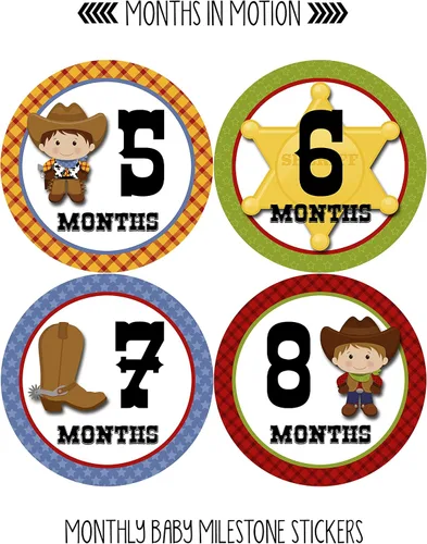 Miniatura 3 de Calcomanías mensuales para bebé, calcomanías de hitos mensuales, calcomanías del mes del bebé para niño, vaquero occidental, estilo 340
