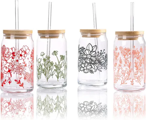 SUNNOW Vasos de 16 onzas con diseño de flores silvestres con tapas y pajitas de bambú, tazas de café helado para cenas en casa, bar y fiesta, juego