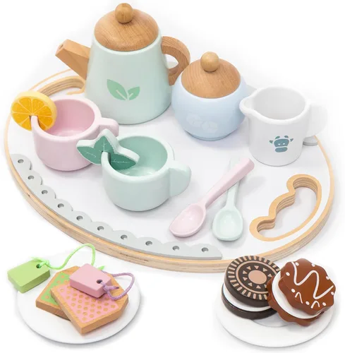 UMU® Juego de Té de Madera para Niños – Juguete de Fiesta de Té de Juego Simulado con Tazas Coloridas, Bolsitas de Té, Rodajas de Limón y Más –