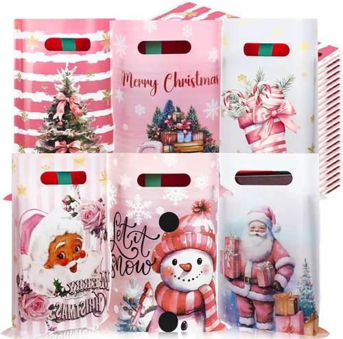 Miniatura 9 de Sinmoe 200 piezas bolsas de plástico de Navidad a granel, bolsa de regalo de mercancía de Navidad con asa de 9" x 12", reutilizable, bolsa