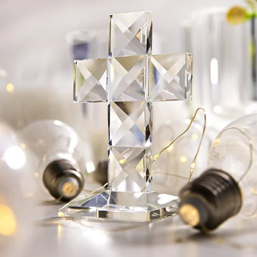 Miniatura 3 de QFkris Cruz de Cristal Tradicional Cruz de Pie en Base Cruz Transparente de Vidrio de 12.7 cm de Altura Figura de Mesa Cristiana para Decoración