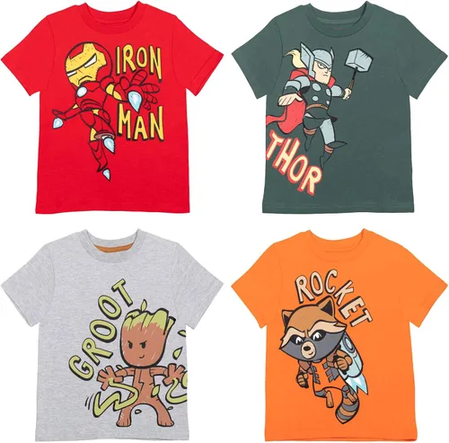 Marvel Paquete de 4 camisetas deportivas de los Vengadores Spider-Man de Iron Man Thor Capitán América, para niños pequeños y grandes