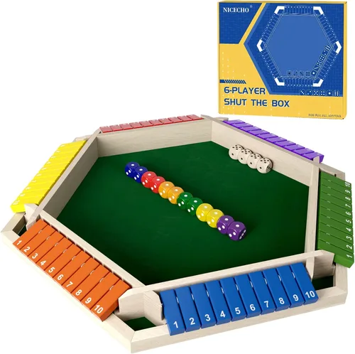 Miniatura 8 de Nicecho Juego de dados Shut The Box para 2 a 6 jugadores, mesa de madera con 16 dados, juegos clásicos de mesa para niños y adultos, familia, aula