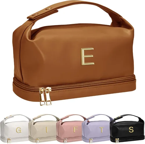 Miniatura 8 de Bolsa de maquillaje con asa, bolsa de cosméticos impermeable de doble capa, bolsas de maquillaje de cuero PU de gran capacidad con letra, bolsa