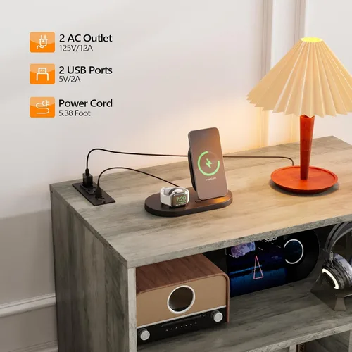 Miniatura 3 de VINGLI Soporte para tocadiscos con almacenamiento de vinilo abierto, mesa de almacenamiento de álbumes de mediados de siglo con luz LED de hasta 300