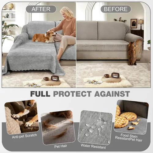 Miniatura 4 de juego de fundas 100% impermeables para sofá modular para perros de felpilla en forma de L, juego de manta para sofá con borlas, funda deslizante