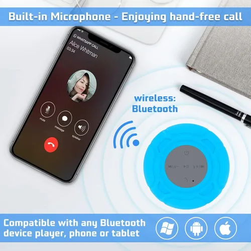 Miniatura 3 de Parlante Bluetooth Impermeable para Ducha Portátil, Inalámbrico, Resistente al Agua, Manos Libres con Micrófono Integrado, Ventosa para Baño
