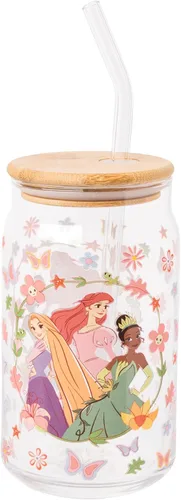 Miniatura 24 de Silver Buffalo Disney Alice in Wonderland Tarro de vidrio con tapa de bambú y pajita de vidrio, 16 onzas