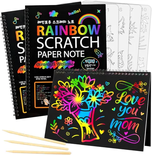 Mocoosy Paquete de 3 cuadernos de papel de arte de arco iris, almohadillas mágicas para rascar en espiral para niños, suministros de manualidades,