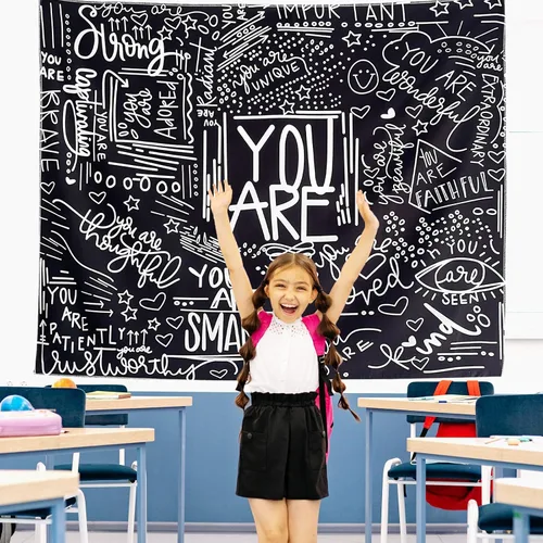Miniatura 4 de KJHL Quote You Are - Tapiz de pared en blanco y negro inspiracional para aula, tapices infantiles para colgar en la pared, afirmaciones
