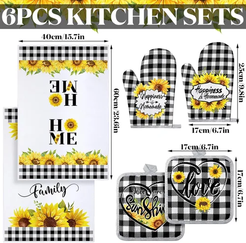 Miniatura 3 de Leinuosen Juego de 6 toallas de cocina con girasoles a cuadros, decoración y accesorios, juego de guantes de horno y soportes para macetas, paños