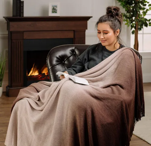 Miniatura 2 de Chanasya Manta acrílica súper suave con borlas en degradado gradual de alta calidad, cálida, acogedora, ligera y esponjosa para cama, sofá, silla
