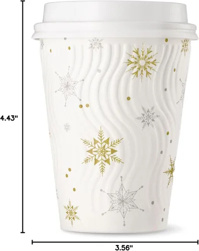 Miniatura 9 de Harvest Pack - Juego de 100 tazas de café desechables de Navidad de 12 onzas con tapas, tazas de papel caliente aisladas con copos de nieve blancos
