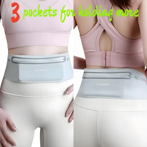 Miniatura 5 de Cangurera delgada con 3 bolsillos separados para mujeres y hombres, riñonera reflectante para correr, correr, caminar, ciclismo, campamento, Negro