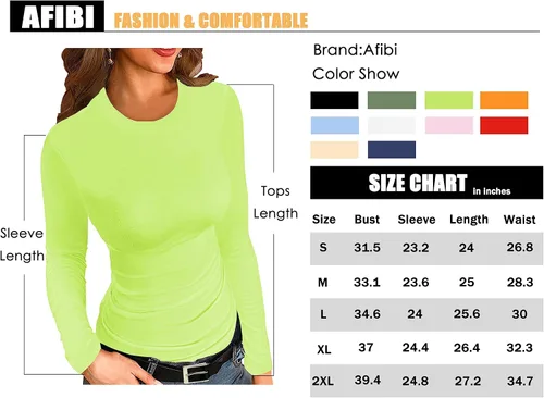 Miniatura 4 de Afibi Camiseta básica elástica de manga larga acanalada con cuello redondo para mujer