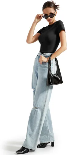 Miniatura 4 de SUUKSESS Camiseta básica ajustada de doble forro para mujer, cuello redondo, manga corta, Y2K