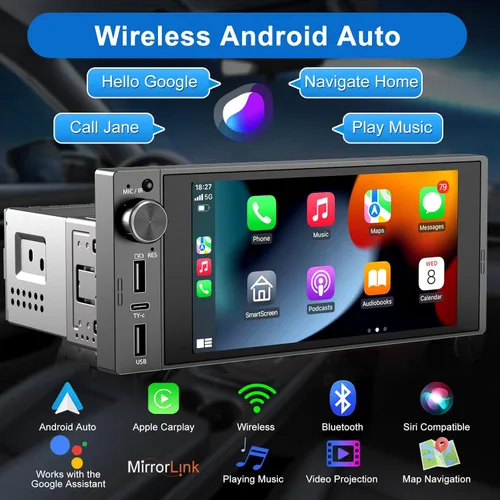 Miniatura 4 de Radio de pantalla táctil de un solo DIN inalámbrico Apple Car Play inalámbrico Android Auto, 6 pulgadas Estéreo de coche de un solo DIN con enlace