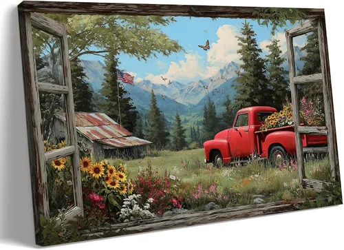 Miniatura 13 de Decoración rústica de granja en lienzo con ventana abierta, impresiones artísticas para pared, pintura de camión viejo, lienzo de granero y bandera