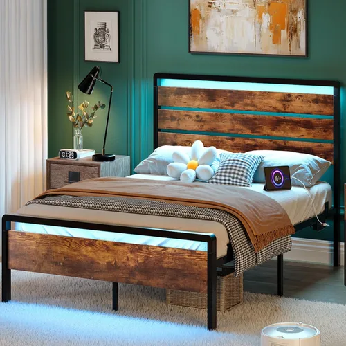 Miniatura 17 de VINGLI Base de cama de plataforma individual con cabecero y estribo LED, estación de carga USB, cama de panel de metal con espacio de almacenamiento