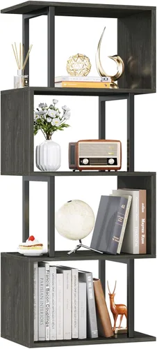 Miniatura 12 de Furologee Estantería de 6 niveles, estantería geométrica alta, estantería industrial en forma de S, estante de pie decorativo de metal y madera