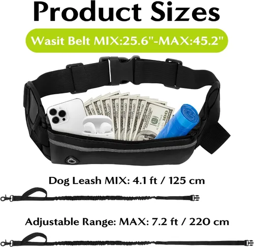 Miniatura 2 de Correa de perro manos libres, correas para correr en la cintura con bolsa con cremallera, cinturón reflectante ajustable, mango doble, elástico