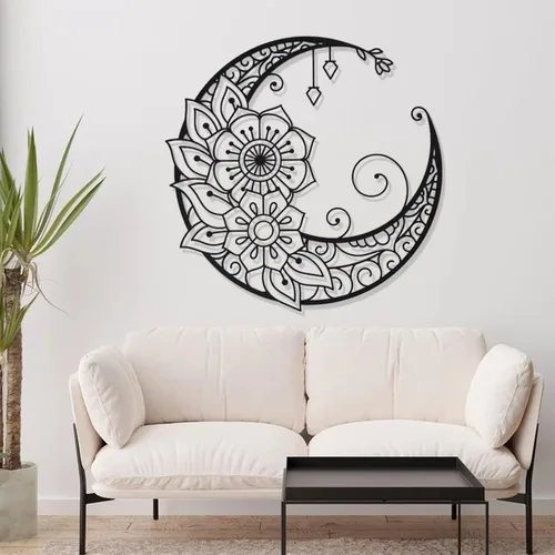 Miniatura 5 de Arte de pared de metal con diseño de mandala y luna, decoración de pared bohemia con luna dorada, 18 x 18 pulgadas (18.1 x 18.1 in) para decoración
