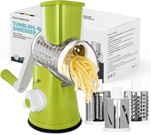 Rallador de queso giratorio X Home para cocina, triturador con 3 cuchillas intercambiables, rallador giratorio con asa y base de succión fuerte,