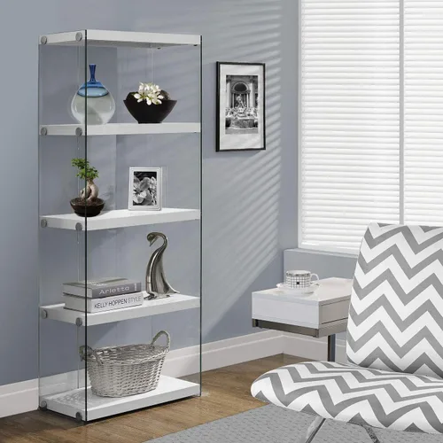 Miniatura 2 de Monarch Specialties I Librero Etagere de 5 estantes, aspecto contemporáneo con marco de vidrio templado, estantería de 60 pulgadas de alto, (blanco)