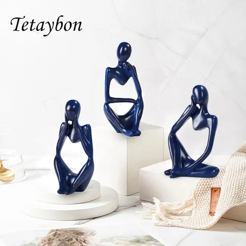 Miniatura 6 de Decoración de baño azul de 3 piezas pequeñas decoraciones para estantes, estatuas de pensador de resina, esculturas, decoración del hogar