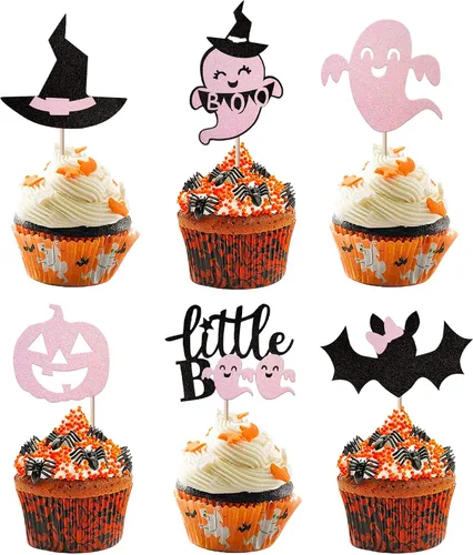 Miniatura 21 de Paquete de 24 adornos para cupcakes de Halloween con purpurina rosa, fantasma, pequeño abucheo, murciélago, bruja, gato, calabaza, magdalena