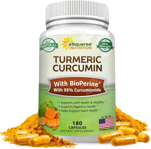 aSquared Nutrition Curcumina de cúrcuma de 1300 mg con extracto de pimienta negra BioPerine - 180 cápsulas - con 95% curcuminoides, suplementos de