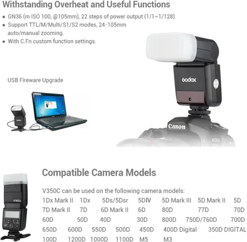 Miniatura 6 de Godox Flash V350C para Canon 1/8000s HSS 2.4G GN36 500 Full Power Flashs 0.1s-1.7s Tiempo de reciclaje TTL Speedlight para Canon 6D 80D 77D 70D 60D