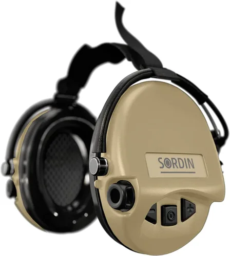 Sordin MIL AUX Ear Muffs - Active and Electronic Military Ear Defenders w/Neckband - Tactical Earmuffs Beige Bronceado