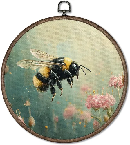 Giosve Póster enmarcado vintage de abejas, diseño floral de abejorro, diseño de abejorros y flores rústicas retro, para decoración de casa de campo,