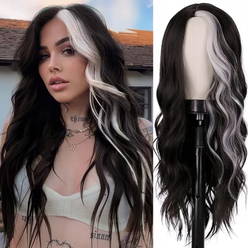 Miniatura 6 de Peluca larga ondulada negra y roja para mujer, color rojo y negro, degradado, sintética, resistente al calor, para disfraz de cosplay
