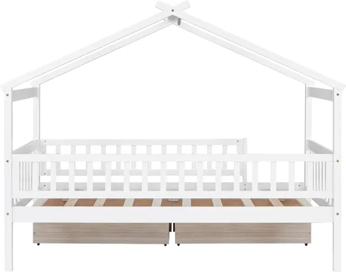 Miniatura 7 de Cama de madera de tamaño individual con dos cajones y techo, cama de plataforma con 2 cabeceros, para dormitorio de niños, adolescentes, niñas