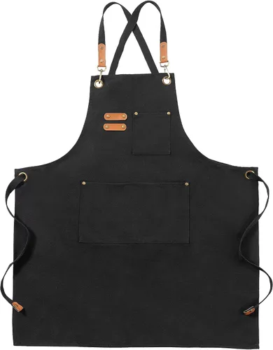 Delantales de lona, delantales de chef de cocina, delantales de trabajo para hombres y mujeres, delantales con correa ajustable con 3 bolsillos