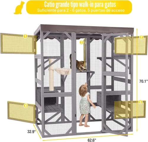 Miniatura 8 de Aivituvin Catio - Casa para gatos con ventana grande para gatos al aire libre, jaula para gatos con techo de lona, 7 plataformas, 2 cajas