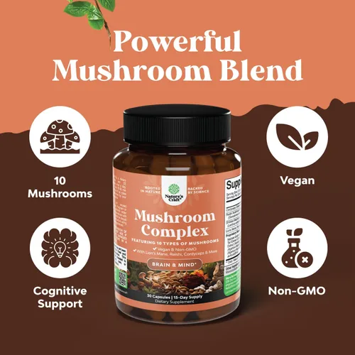 Miniatura 3 de Advanced Mushroom Complex Cápsulas – 10 cápsulas de suplemento de melena de león con Reishi, Chaga, Maitake y Shiitake para la salud cerebral apoyo
