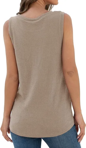 Miniatura 2 de IWOLLENCE Camiseta sin mangas de punto gofre para mujer, blusa casual sin mangas, linda túnica con nudo torcido