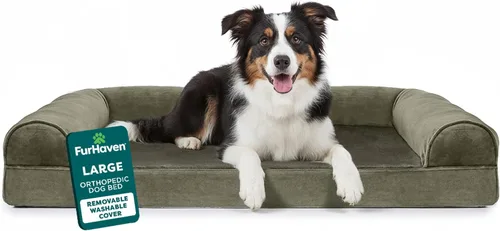 Miniatura 35 de Furhaven Cama ortopédica de espuma para perros, de pelo sintético y terciopelo, con diseño de caja de huevos, color salvia oscura, talla M Dark Sage