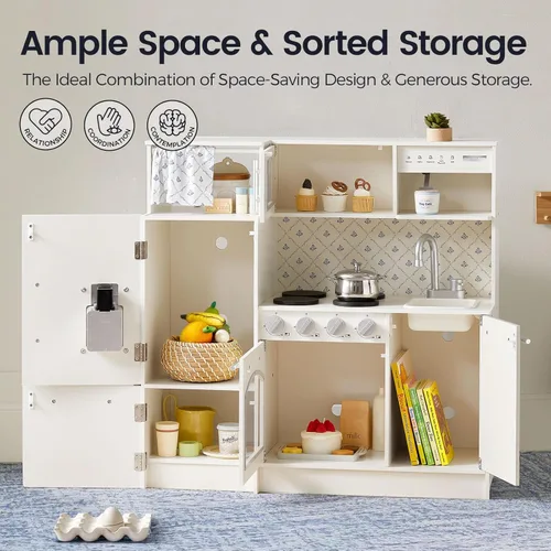 Miniatura 4 de Tiny Land Cocina de juego para niños, juguete de cocina de madera mejorado con áreas de juego completas, juego de cocina de simulación con Blanco