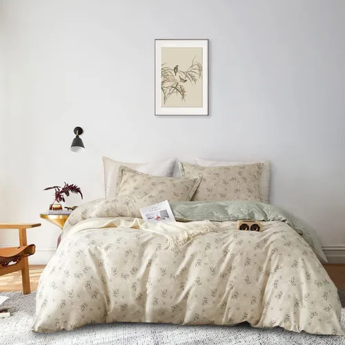 AMWAN Juego de funda de edredón floral bohemio de algodón, ropa de cama con estética de jardín, elegante, botánico, con cierre con cremallera y 4