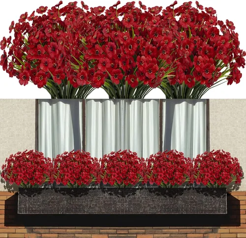 Miniatura 8 de Flores artificiales 15 racimos para exteriores, resistentes a los rayos UV, tela de plástico, plantas verdes para colgar macetas, cocina, hogar, Azul